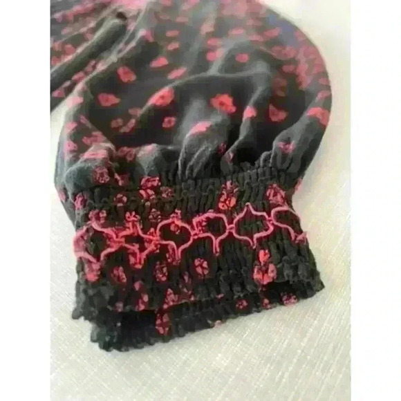 Free People XS Smocked Tunic Mini Dress Black Floral Boho WhimsyGoth Babydoll - Picture 10 of 15